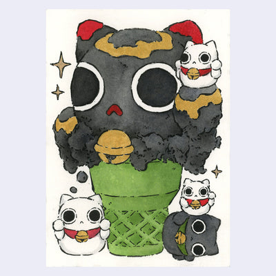 Ink and watercolor illustration of a green colored sugar cone with a large scoop of black sesame ice cream shaped like a cat head with an extended paw. Atop its paw is a white maneki cat and at the bottom of the piece are small fat maneki cats.