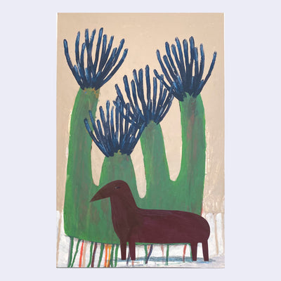 Stylistically messy painting of a brown 4 legged animal with a beak shaped face. It stands in front of a green tree that resembles a sea anemone.