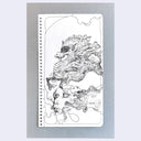 Black ink drawing of a person's face, looking up and off to the left. Above, flies a dragon.