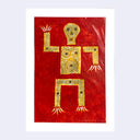 Drawing of a yellow skeleton, boxy in shape. Background is red.