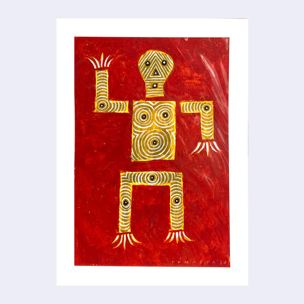 Drawing of a yellow skeleton, boxy in shape. Background is red.