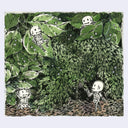 Ink and watercolor illustration of small cartoon skeletons in a green forest setting, close up so only a small part of the scene is shown. They hang about the leaves.