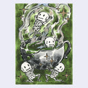 Painting of a steamy cup of green tea, with small skeleton characters playing in and around it.