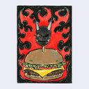 Ink and watercolor illustration of a cheese burger with a toothpick in it. Atop of the toothpick is a black cartoon demon face, with a sparkle in one eye. Red flames make up the background.
