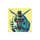 A stylized artwork of a blue and teal robot head with red accents, centered on a pale yellow square paper with a white background.