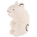 Small white wooden figurine of a mouse with a painted on curling tail and small whiskers.