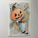 Colored pencil illustration of a jack o lantern head dressed like a scarecrow.