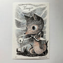Pen illustration of a cartoon fox holding its tail and standing in front of a skull on a post.