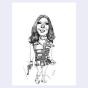 Ink illustration of a stylized woman, wearing a 1960s mod fashion era dress and hairstyle, standing and smiling while holding a gun.
