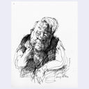 Ink illustration of a stylized portrait of Johnny Rotten, older in age and sitting with his head in his hand.