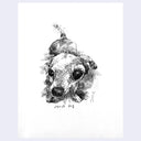 Ink illustration of a dog with large eyes and a wagging tail.