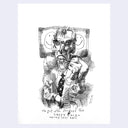 Ink illustration of a stylized portrait of Harvey Ross Ball, smoking a pipe with smiley faces around.