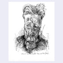 Ink illustration of a stylized portrait of David Lynch.