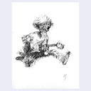 Ink illustration of a rockstar type man, jumping up and holding a guitar while screaming.