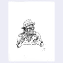 Ink illustration of a stylized portrait of Peg Leg Sam, playing the harmonica.