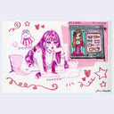 Illustration of a character with pink hair and accessories, surrounded by decorative elements on a light purple background.