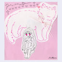 Illustration of a girl with a large white cat on a pink background