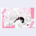 Illustration of a person with long hair laying in bed, surrounded by cartoon animals and objects on a white background.