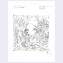 Graphite illustration of a woman hiding amongst many flowers and foliage. Some notes are written in the top corners of the artwork.
