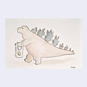 Watercolor and ink illustration of a kaiju holding a shopping bag with a smiley face on it.