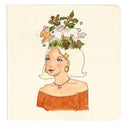 Illustration of a woman looking to the left, with 2 jumping rabbits atop her head emerging from flowers and greenery.