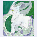 A watercolor illustration of a white goat-like creature with green accents, set against a light gray background.