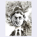 Greyscale ink illustration of a man wearing a suit and a hat, standing in front of a building on fire.