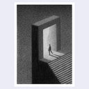 A black and white art work featuring a minimalist, textured pencil-style drawing of a figure walking through a doorway onto stairs, centered on a white border against a light gray background.