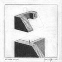 Graphite drawing of a set of stairs with a square opening, the stairs and opening have been split off from the bottom of their base.