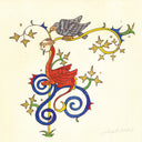 Drawing of thin, bending colorful swirl designs with a half monk-half dragon and a bird above him. Coloring and design are similar to medieval book art.