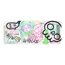 A rectangular printed plane ticket with a white background, covered in colorful graffiti-style drawings and black handwritten text, photographed on a plain white background.