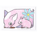 A hand-drawn illustration of a pink pig and a smaller piglet with a light blue flower on a white background. Signed 'KRISKCCARMI 26' at the bottom.