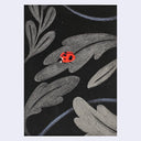 Artwork featuring a stylized black background with gray leafy branches and a small red ladybug near the center, shown against a light gray outer background.