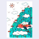 A whimsical illustrated scene showing a white rabbit in a red airplane flying over teal mountains with clouds, birds, and a sun on a white background.