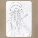 A hand-drawn black ink illustration of a woman with long flowing hair, a crescent moon halo, and a staff, sketched on a white rectangular card placed on a brown textured surface.