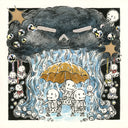 Ink and watercolor illustration of a gray storm cloud with a cartoon expression, crying and producing lots of rain. Below the cloud are 3 cartoon skeletons with a gold umbrella.
