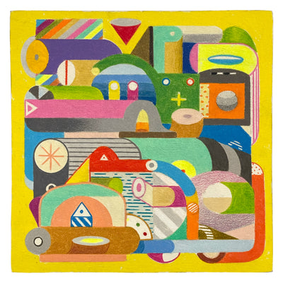 Colorful mixed media drawing on bright yellow background of many different shapes and dimensionalities, from cylinders to pyramids to half cirles.