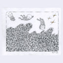 Graphite illustration of an ocean wave, with 3 cartoon skeletons jumping in.