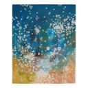 Painting of 2 blue koi fish, circled around one another. Obscuring them slightly are various white flowers and tiny petals. Background is blue to yellow gradient with line art of orange leaves.