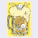 Cartoonish illustration of skeletons inside a large mug of foaming beer with a yellow background