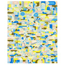 Large pattern like colored pencil illustration of many curved and geometric shapes, semi abstract version of a busy neighborhood. Colors are yellow, brown, blue and light pink.