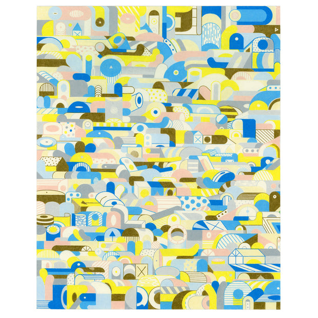 Large pattern like colored pencil illustration of many curved and geometric shapes, semi abstract version of a busy neighborhood. Colors are yellow, brown, blue and light pink.