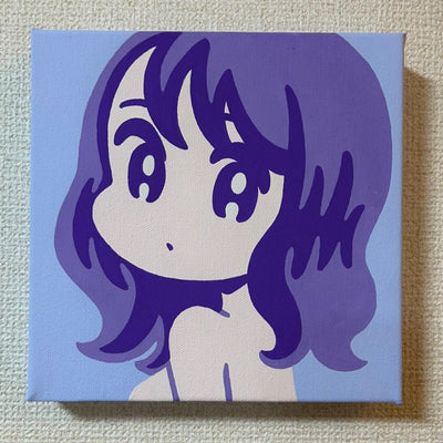 Painting done in solid purple toned color sections, like a cartoon. An anime style girl looks over her shoulder, visible only from the chest up.  