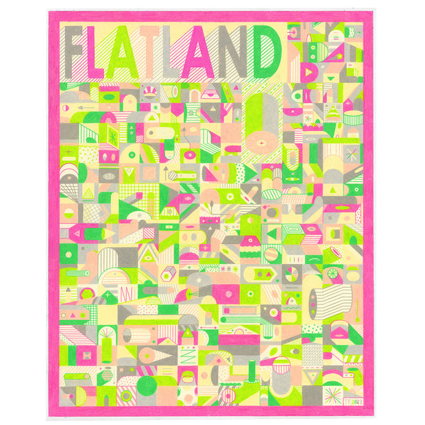 Large pattern like colored pencil illustration of many curved and geometric shapes, semi abstract version of a busy neighborhood. Colors are pink, green and gray and says "Flatland" in the upper left.
