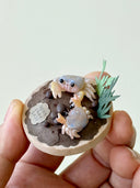 Hand holding a sculpture on a wooden disc of 2 crabs, one is a baby, with paper greenery and clay rocks.