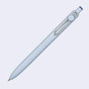 Light blue pen with a silver clip on a light gray background