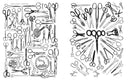 Open 2 page zine booklet spread of scanned and illustrated black and white imagery of various retro style scissors.