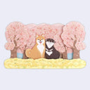 3D paper greeting card of many cherry blossom trees and 2 shiba inu dogs sitting in front of them, one smiles and the other has its tongue out.