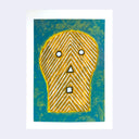 Painting of a yellow skull with white striping and simplistic features.