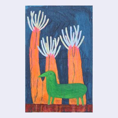 Stylistically messy painting of a green 4 legged animal with a beak shaped face. It stands in front of an orange tree that resembles a sea anemone.